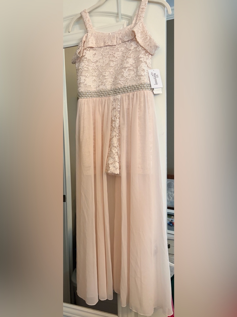 Speechless Blush Lace & Chiffon Pearl-Waist Formal Dress